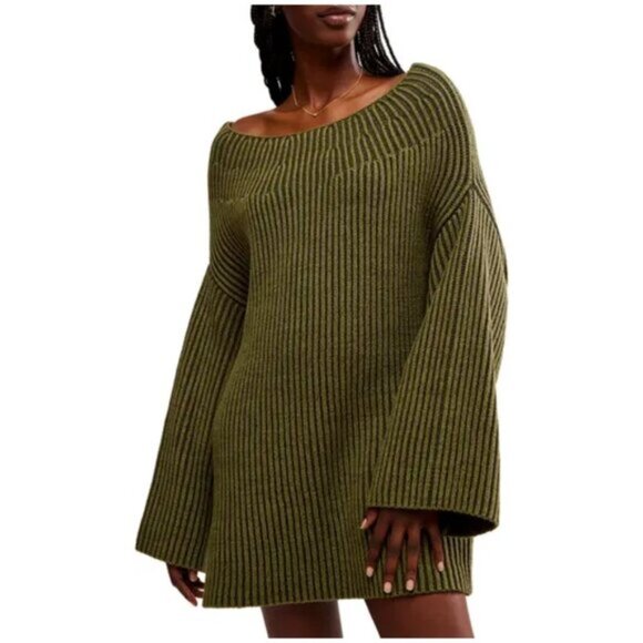 FREE PEOPLE Boat Neck Tunic Sweater in Chive Combo Size X-Large - Picture 9 of 10